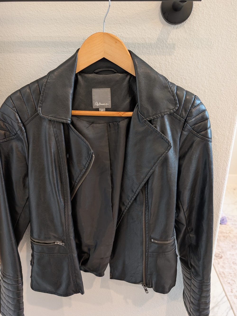 Reitmans Black Quilted-Shoulder Leather Moto Jacket